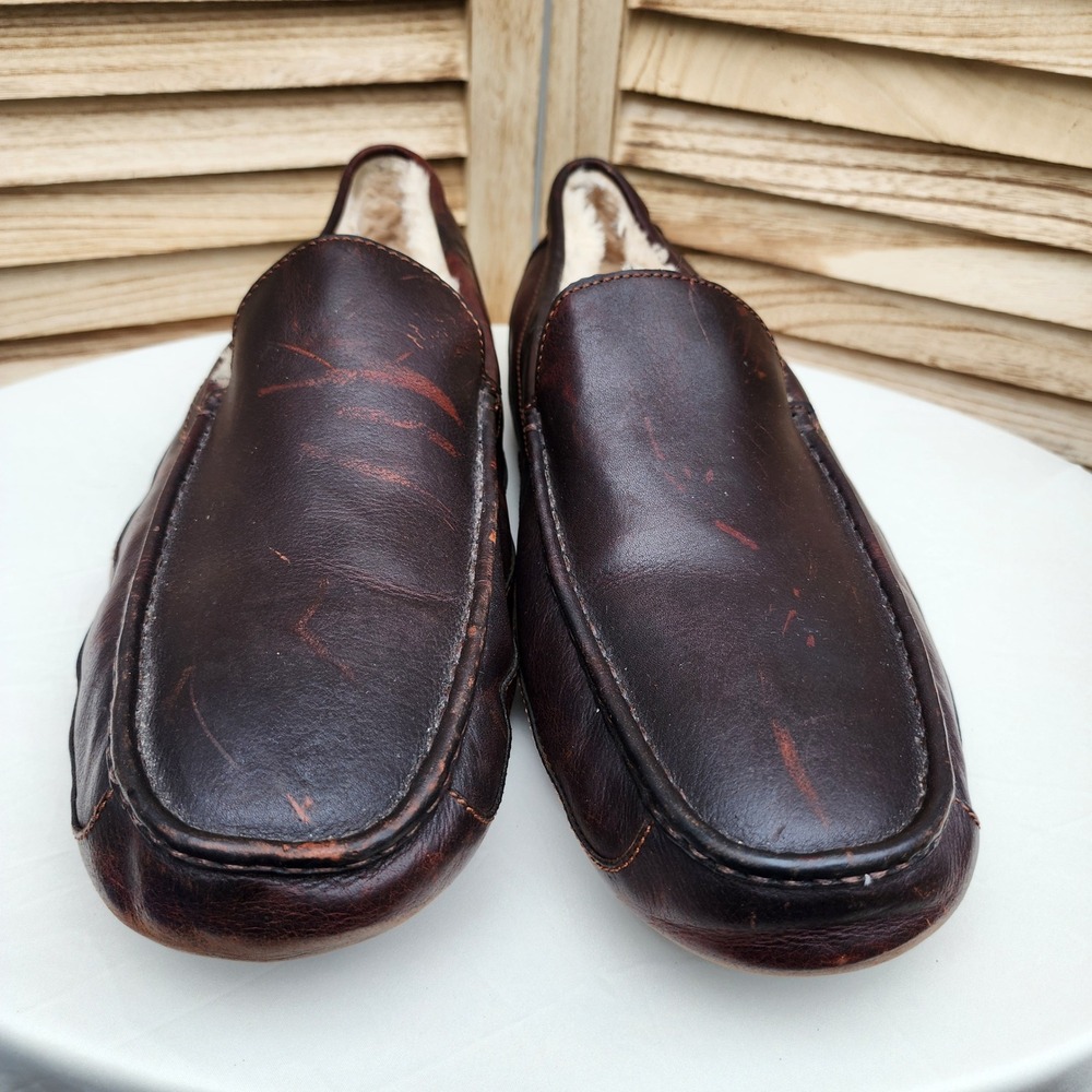 UGG Sz 18 Brown Leather Ascot Moccasin Slippers Cozy Quiet Luxury Minimalist